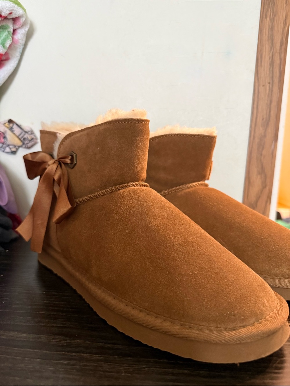 PAWZ Chestnut Brown Suede Shearling-Lined Ankle Booties with Bow